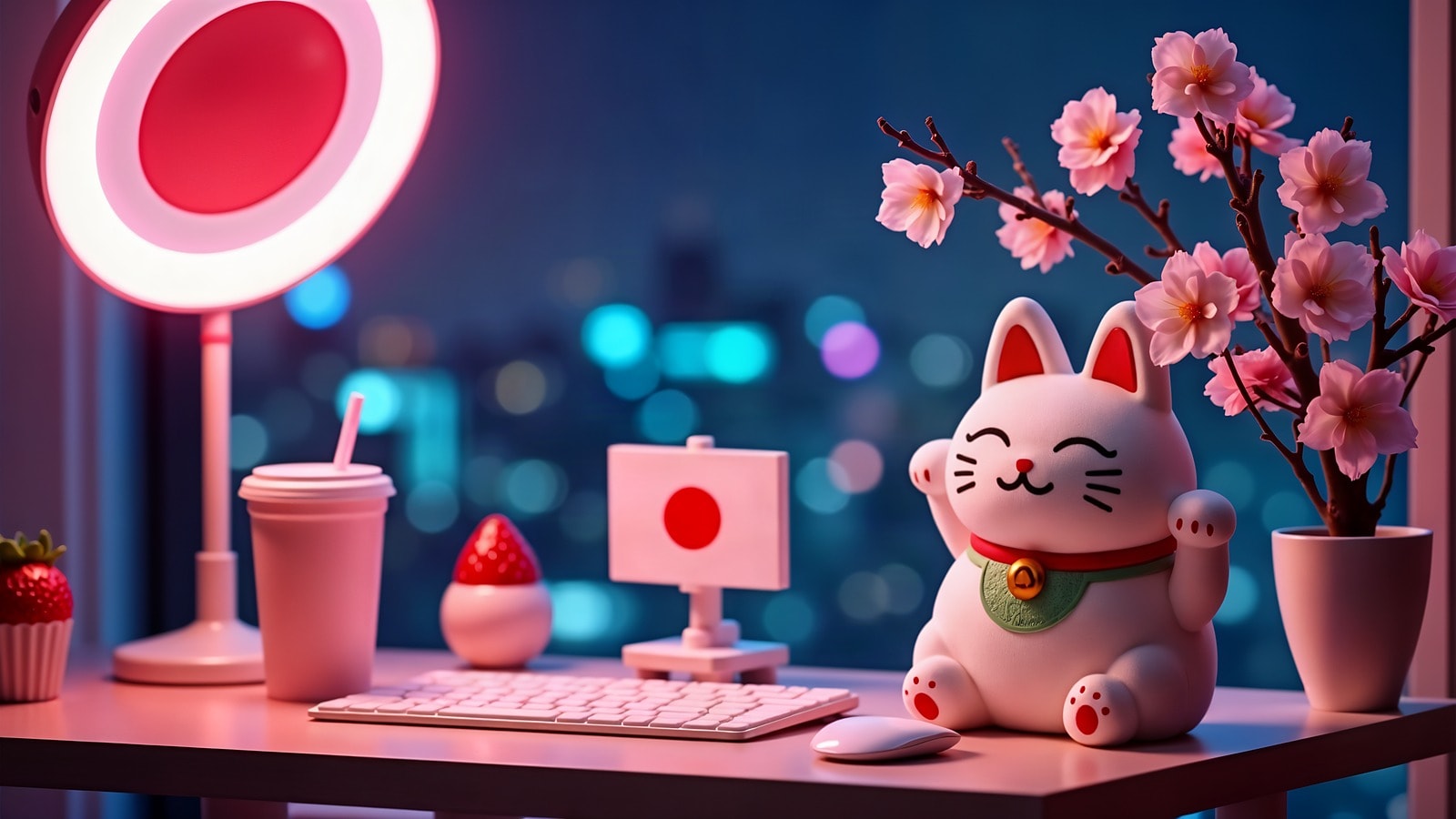 Kawaii-стол креатора: манэки-нэко, флаг Японии и сакура на фоне ночного города — OnlyFans agency for Japanese creators